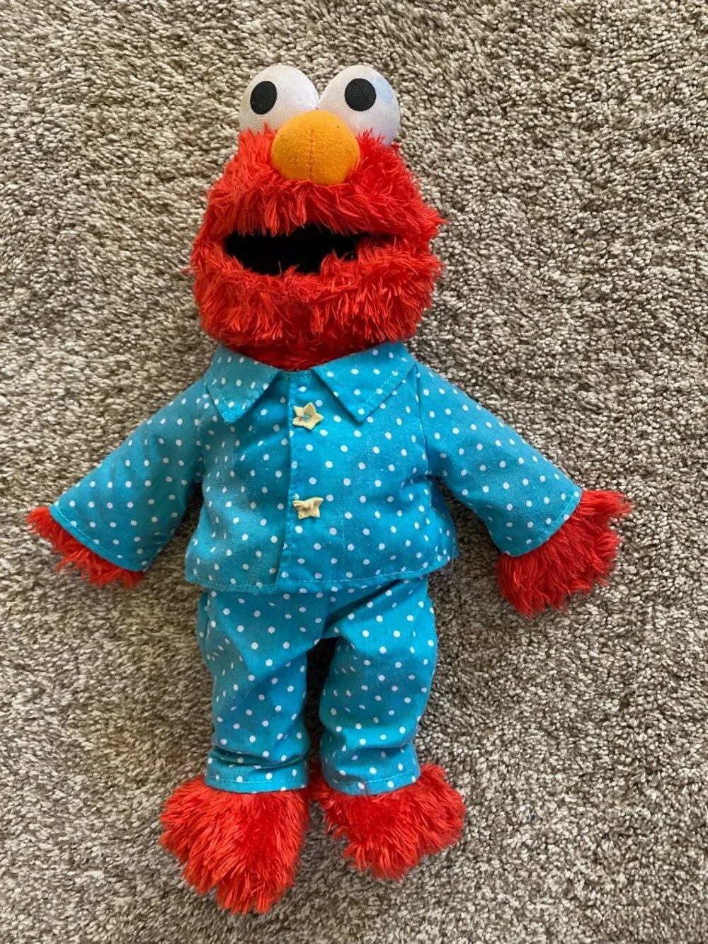 Gund Elmo Plush Toy 14'' Dressed in Blue/White Dots Pajamas w/o Flashlight